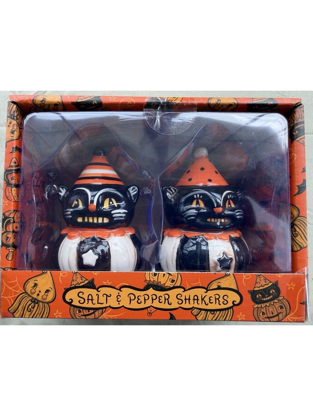 🧡🖤NIB Johanna Parker Nostalgia Ceramic Black Cat Salt & Pepper Shaker Set